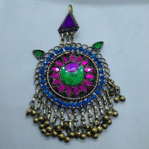 Afghan Vintage Multicolor Glass Stones Teeka, Massive Teeka With Dangling Bells,